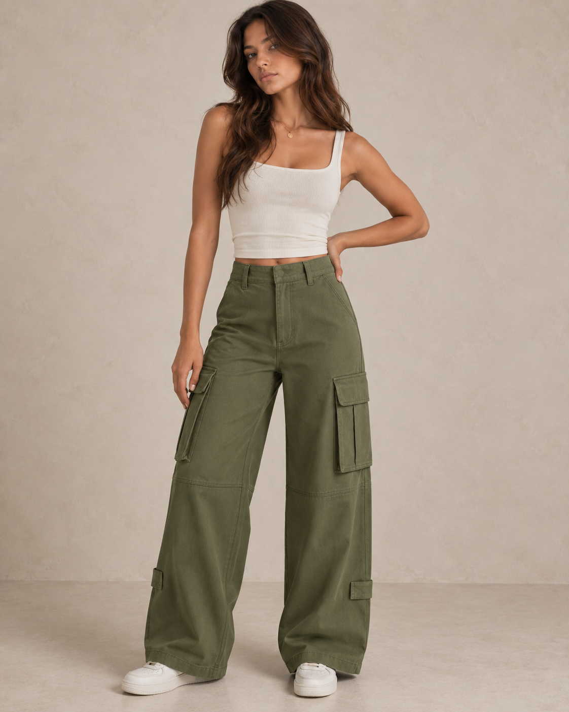 Khaki Wide Leg Cargo Trousers