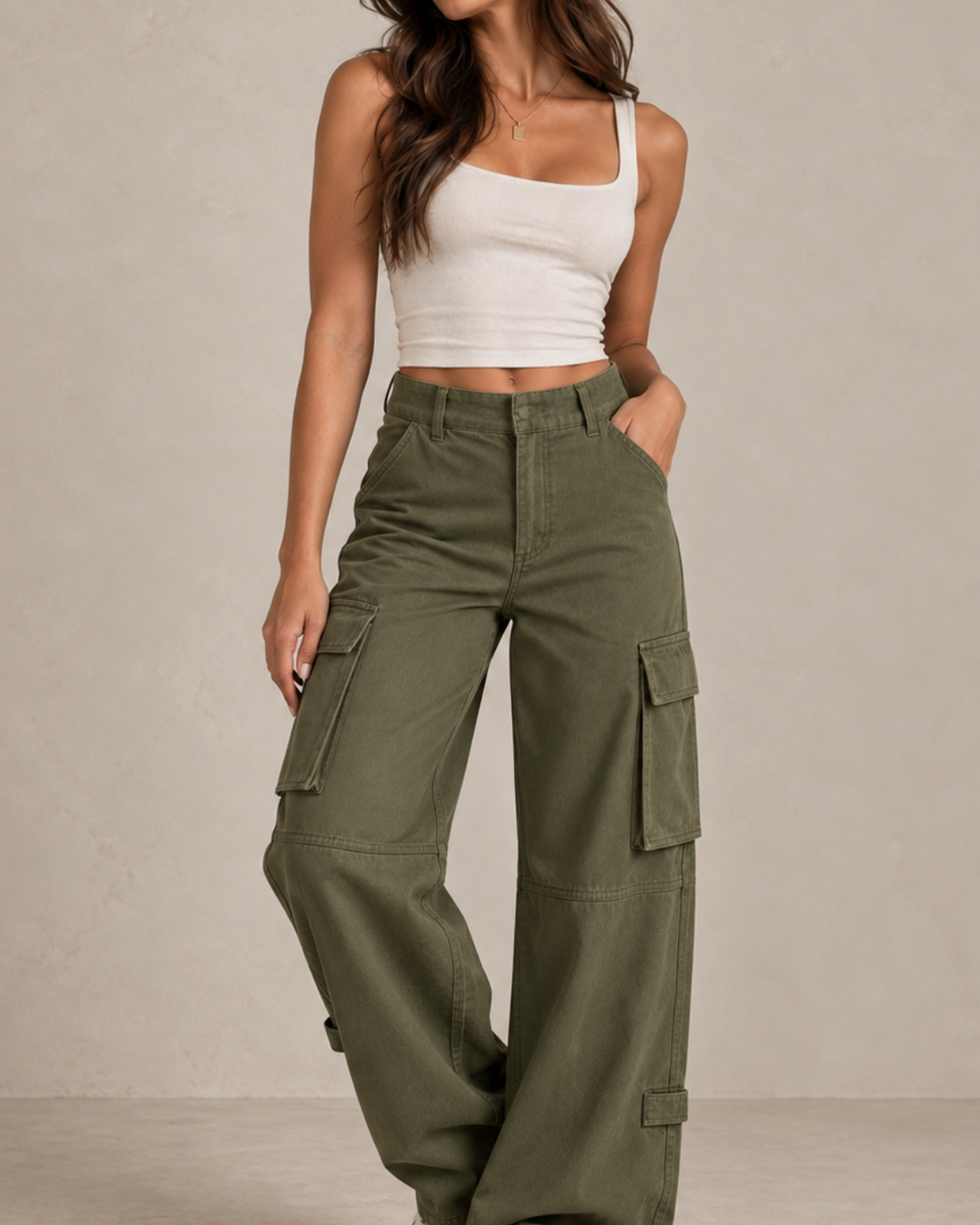 Khaki Wide Leg Cargo Trousers
